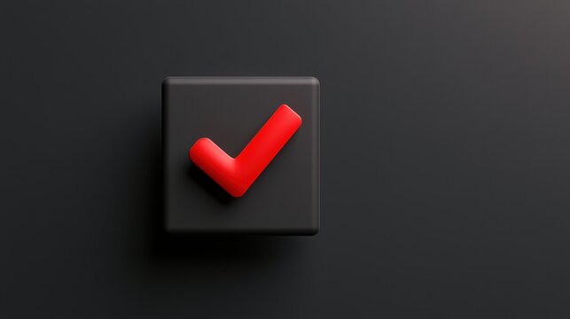 A bright red check mark on a dark black square button with soft lighting. Useful for task completion and success concepts.