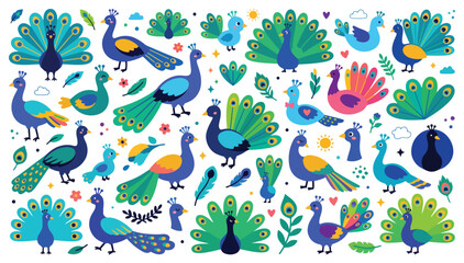 Fototapeta premium Peacock birds seamless pattern with colorful feathers and fanned tails vector background