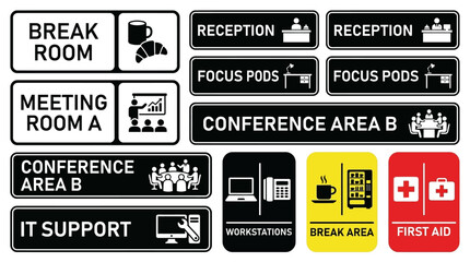 Naklejka premium Set of vector office signage icons for professional business environments including wayfinding labels for conference rooms and facilities