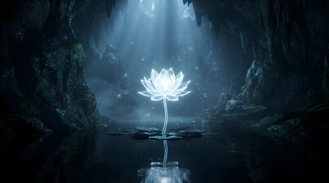 Glowing white lotus flower glowing magically inside a dark subterranean cave with sun rays shining from above magical flower cave interior light beam mystical pla