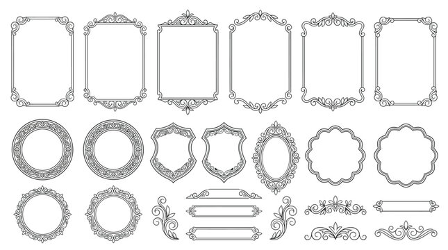 Set of vintage decorative frames and borders, elegant calligraphic elements, ornate flourishes, and classic rectangular and circular frames for invitations and certificates