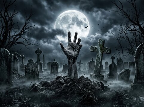Zombie hand rising from a grave in a spooky cemetery under a full moon at night