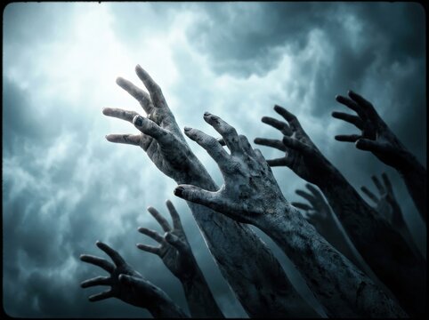 Many zombie hands reaching up towards the sky against a dark and stormy dramatic cloudy background