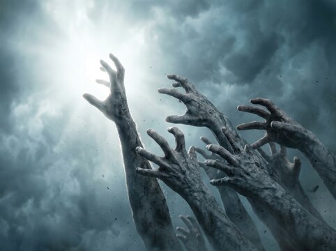 Many zombie hands reaching up towards the sky in a dark and cloudy atmosphere