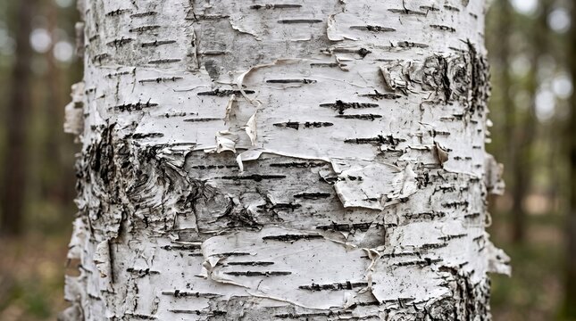 Close up view of the textured white bark of a birch tree in a forest setting