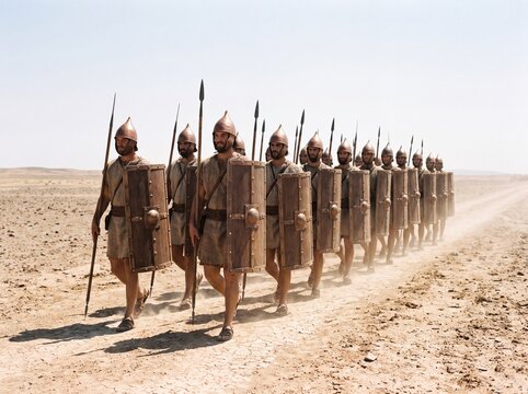 Ancient Sumerian spearmen in formation marching across a dusty, arid landscape under a bright sky.