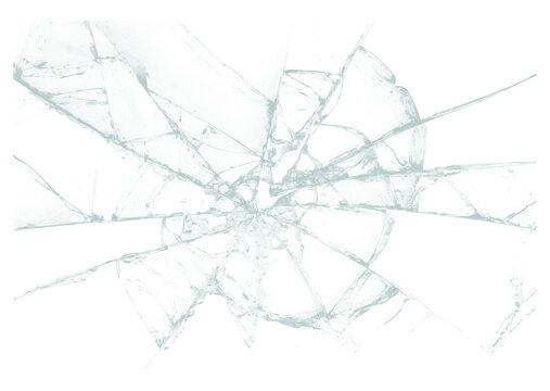 Isolated white background featuring a realistic broken glass texture with sharp cracks and fractured shards transparent background