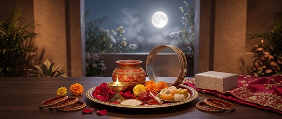 Fototapeta premium Karwa chauth celebration setup with a decorated clay pot, brass oil lamp, metal sieve, marigold flowers, sweets, and red bangles on a wooden table under a full moon night sky