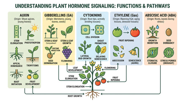 Plant hormone signaling infographic explains the complex physiological roles of auxin, gibberellins, cytokinins, ethylene, and abscisic acid in crop growth.