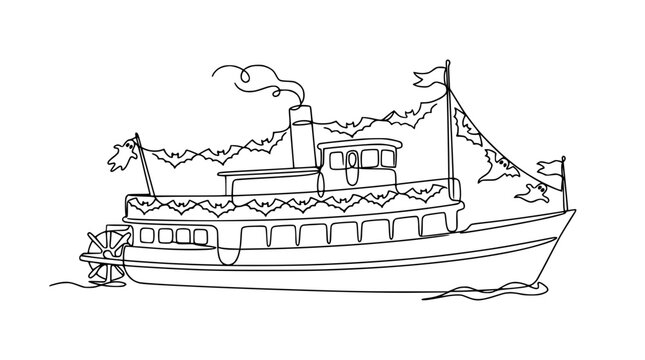 Steamboat illustration isolated on white background, line art drawing