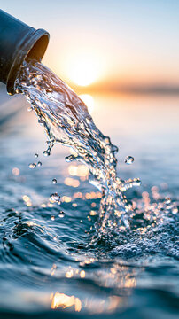 Water flows from a pipe into a body of water during sunset, with glistening droplets and a calm, serene atmosphere.