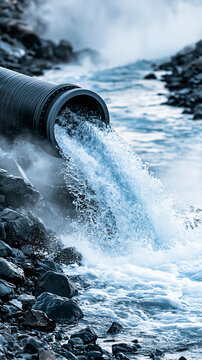 Water flows powerfully from a large black pipe into a rocky, misty river or stream, illustrating industrial discharge or water management.