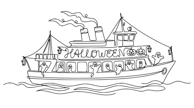 Halloween Haunted Ship with Ghosts and Pumpkins, Line Art