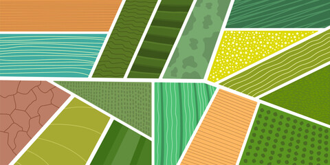 Fototapeta premium Rural farm field top view, agriculture green and brown plantation background. Cartoon aerial farmland and countryside landscape abstract pattern with farm field, vineyard and garden top view