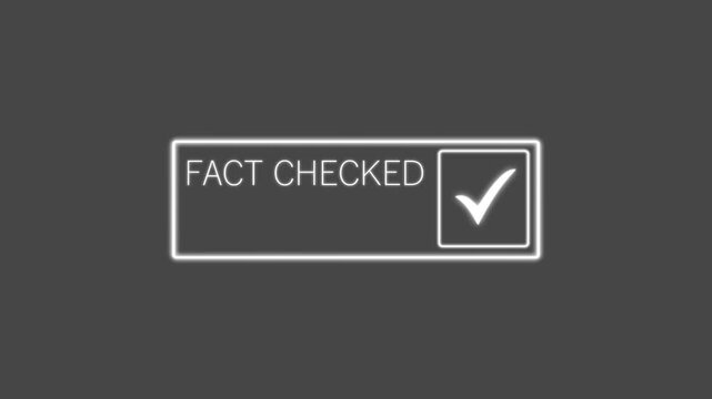 White glowing Fact Checked verification badge animation on gray background with clean checkmark design. Perfect for journalism, trusted news, digital verification, education, and media presentations.