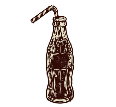 Soda bottle with drinking straw and detailed glass surface, hand drawn vintage engraving, beverage vector illustration.