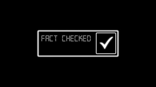 White neon Fact Checked badge animation with glowing verification checkmark on black background. Ideal for trusted news, journalism, digital media, fact checking, and online verification projects.