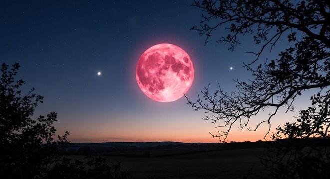 Stunning super blood moon glowing in the night sky over a tranquil rural landscape silhouette