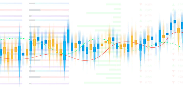 Abstract Digital Candlestick Chart with Blue and Yellow Bars, Red and Green Trend Lines, Illustrating Stock Market Trading, Investment Analysis, and Financial Data Trends