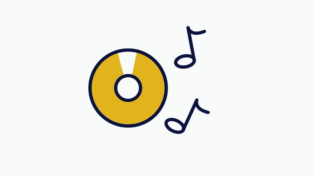 Minimalist icon of a compact disc spinning with musical notes floating beside it symbolizing recorded audio digital music and sound media storage