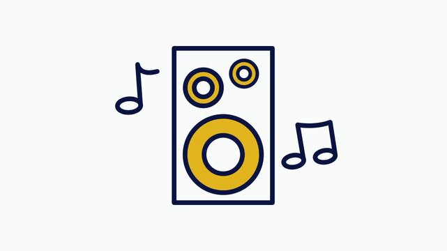 Outline icon of a speaker box emitting several musical notes representing sound output audio playback loudspeaker equipment and listening experience