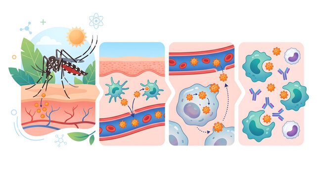 Mosquito bite immune response infographic depicts the step-by-step reaction of human white blood cells to a viral pathogen infection.