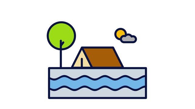 Illustration of a camping tent pitched beside a small pond with a tree and cloud representing outdoor adventure nature camping and weekend getaway