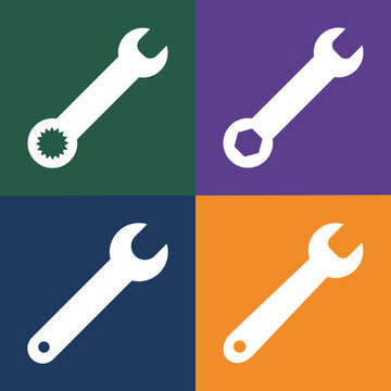 Four contrasting square panels with various types of wrench and spanner tool icons