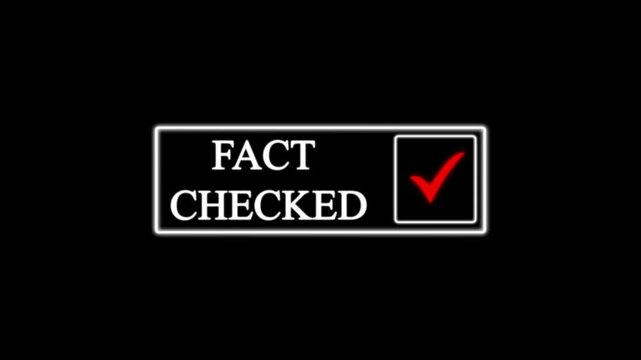 White glowing Fact Checked verification animation with bright check mark on black background. Professional motion graphic for news verification, media reports, and online content.