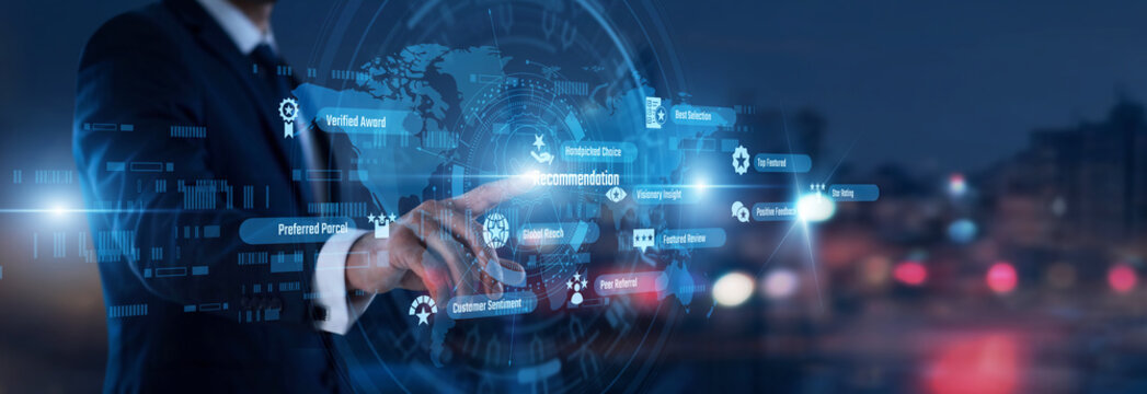 Personalized choices. System hand touching Recommendation words and icons on a smart display. Utilizing user data and smart algorithms to suggest relevant products and custom content.