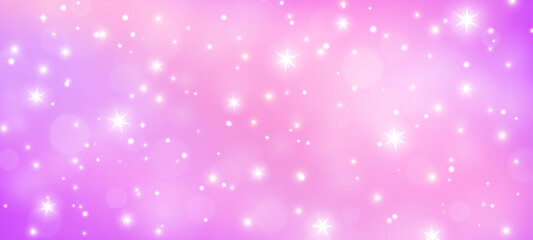 Fototapeta premium Fairy iridescent gradient magic sky background, rainbow pink and purple glitter sparkles and stars layout. Vector pastel light with dreamy holographic texture, soft fantasy glow and bubble effect