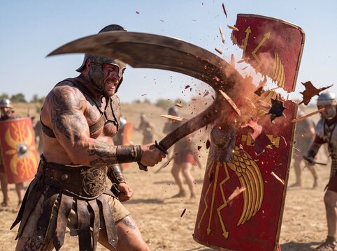 Intense Gladiator Battle: Warrior Smashes Shield with Gladiator Sword in Ancient Roman Arena