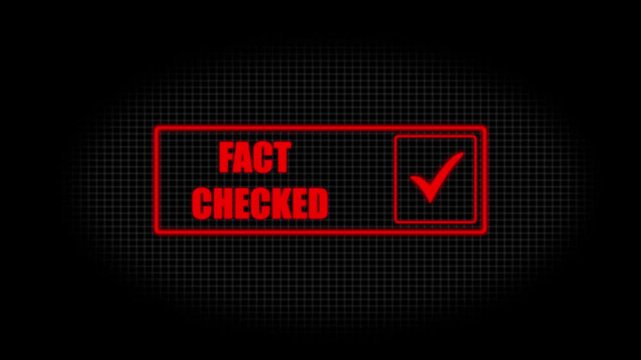 Bold red Fact Checked verification animation with strong typography and glowing check icon on dark grid background. Designed for breaking news, online media, and professional editing projects.