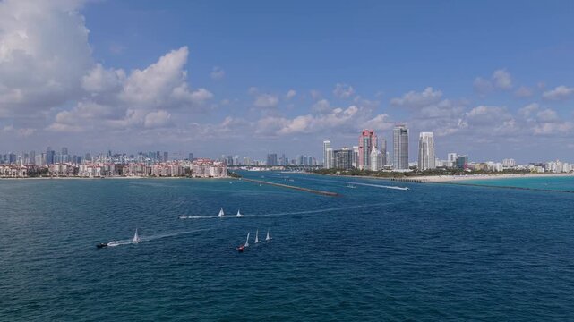 Ship sailing the sea. Sail boat at port of Miami. Travel by sea. Seascape horizon. Sea vacation. Sailboat vessel. Transatlantic sailing race. Sail training ship. Sailing boat at blue sky seascape