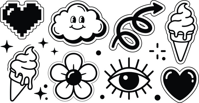 Retro Black and White Tattoo Sticker Vector Icon Set Featuring Pixel Heart Cute Cloud Flower Swirl Arrow Ice Cream Cone Eye and Stars for Y2K Graphic Designs