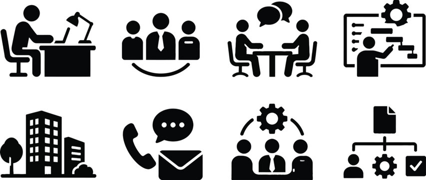 Professional business and office management icon set featuring team collaboration, communication tools, corporate building, project planning timeline, and organizational workflow symbols.