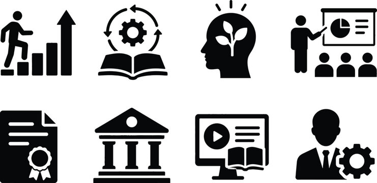 Professional Education and Career Development Icon Set Featuring Growth Mindset, E-learning, Training Presentation, University, Certification, and Skills Management Vector Illustrations