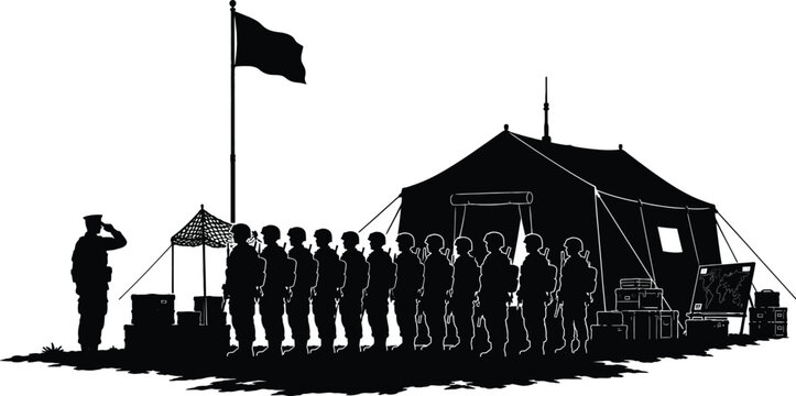 Military Soldier Silhouette Vector Illustration with Army Camp Tent, Flagpole, and Saluting Officer in a Field Deployment Training Setting for Patriotic Veterans Day Graphic Design