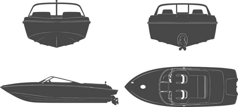 Professional Speedboat Vector Illustration Set featuring Detailed Front, Back, Side, and Top View Silhouettes for Marine Engineering, Yacht Design, and Technical Boating Graphics