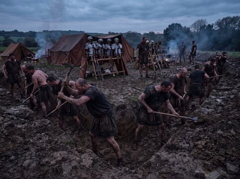 Roman Legionaries Excavating Trench in Muddy Field at Dusk, Military Camp in Background