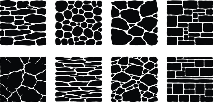 Set of eight diverse black stone wall masonry textures, cobblestone patterns, and irregular brickwork silhouettes for architectural design, background graphics, and paving layouts.