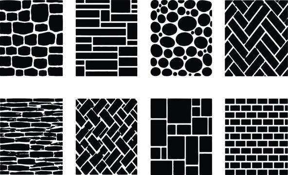 Collection of Seamless Stone Wall and Brick Masonry Patterns Vector Illustration with Various Textures like Cobblestone, Paving, Herringbone, and Rustic Blocks for Architectural Design.