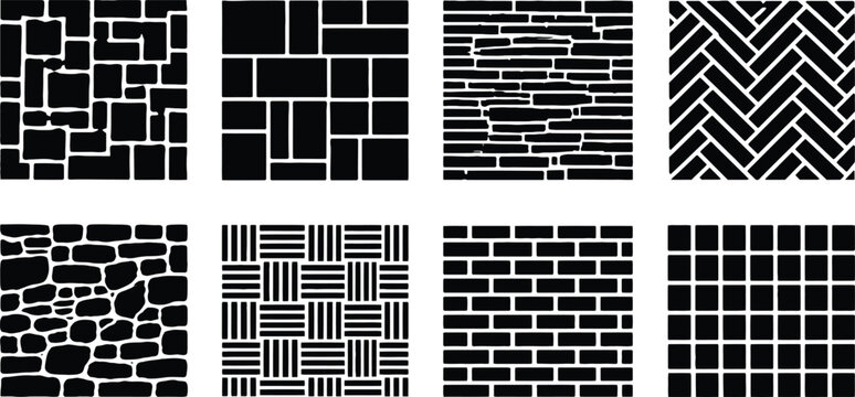 Seamless Stone Paving and Brick Wall Texture Patterns Vector Collection, Including Herringbone, Cobblestone, and Masonry Styles for Architectural Design and Landscaping Projects