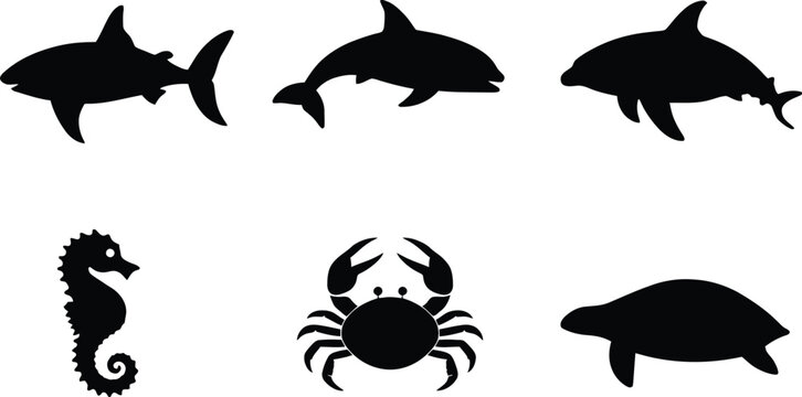 Vector Sea Life Silhouette Collection Featuring Shark, Dolphin, Seahorse, Crab, and Sea Turtle Icons for Ocean-Themed Design Projects and Nautical Graphic Elements Set.