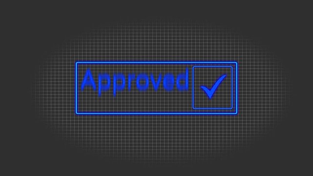 Blue approved badge with glowing check mark animation over gray grid background. Stylish technology confirmation element for software interfaces, websites, and business dashboards.