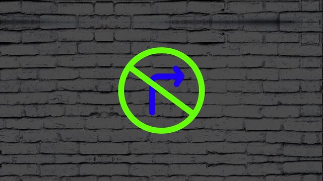Directional prohibition sign mounted on a dark brick wall surface displaying a strict traffic rule against turning right, enforcing road safety and navigation compliance for drivers in the city.