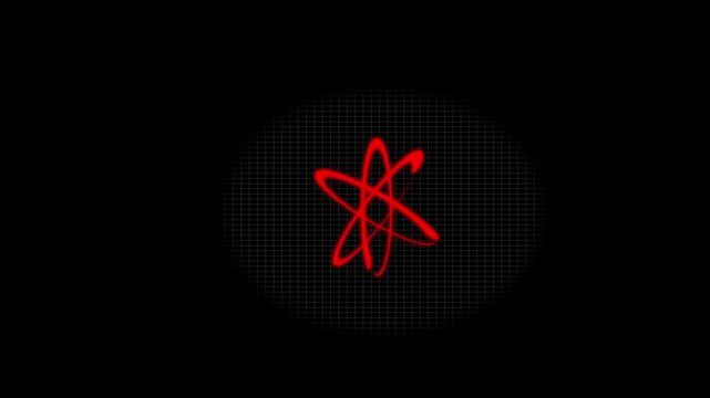 Glowing red electron orbit animation with bright neon light trails on a dark background. Seamless futuristic motion graphic perfect for AI, science, quantum technology and digital presentations.