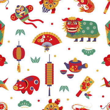 Japanese New Year holiday seamless pattern background. Festive flat pattern with paper lanterns, dancing lion, hand fans, kites, tea set and decorative folklore animals for Asian wrapping paper