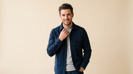 Fototapeta premium Portrait of a handsome young man smiling, wearing a casual navy blue shirt over a grey tshirt, standing against a neutral beige background