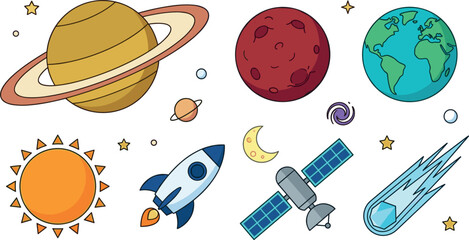 Outer Space Vector Illustration Set Featuring Solar System Planets Saturn Mars Earth Sun Rocket Ship Satellite Meteor and Galaxy Elements © SARIFA